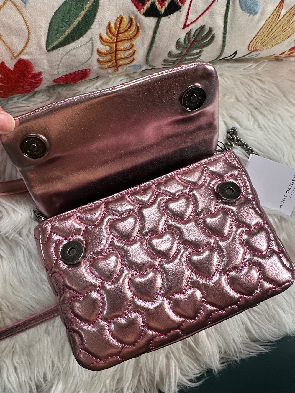 Kurt Geiger • The Brixton Quilted Heart Metallic Leather Top Handle Purse - Picture 7 of 17